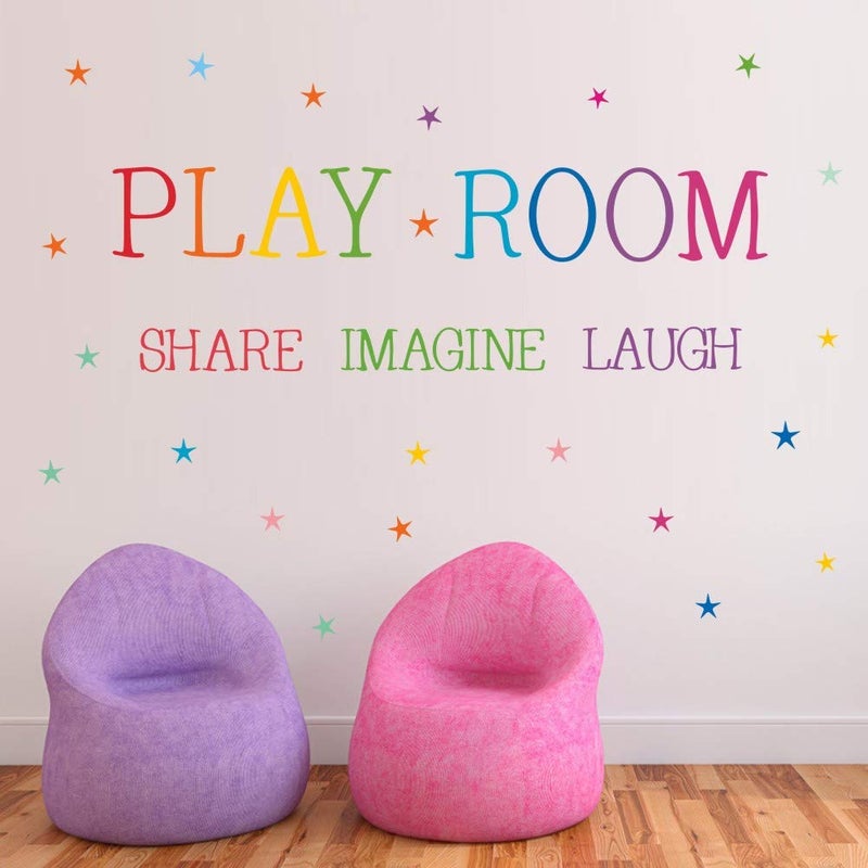 TOARTi Playroom Share Imagine Laugh Wall Sticker, Inspirational Quote Wall Decals,Colorful Stars Playroom Sticker for Wall Classroom Nursery Decoration - Image 1